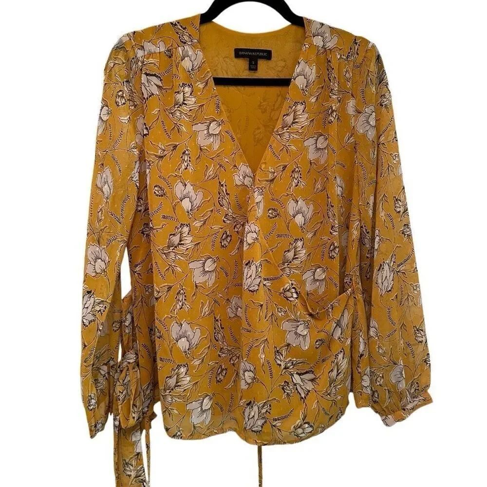 Banana Republic golden floral yellow wrap blouse - size s